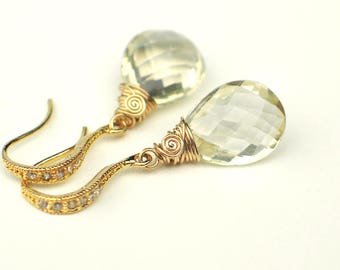 Oregon Sunstone Earrings | Champagne Pear Briolettes | CZ Pavé Gold Vermeil - 14k Gold Fill Dangles | Bridal | Birthday Gift | Ready to Ship