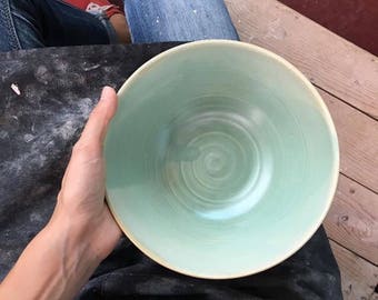 Stoneware bowl Wheel thrown Salad bowl Big bowl Mat aquamarine glaze - Ready to ship
