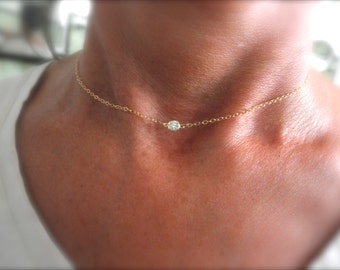 Solitaire CZ necklace 14K goldfilled - single cz gold choker - cz charm - cz gold vermeil charm - 14K gold filled chain -
