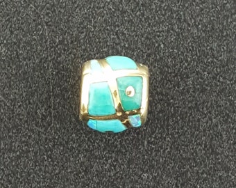 14K Gold Turquoise Barrel Bead ~ Fits Pandora