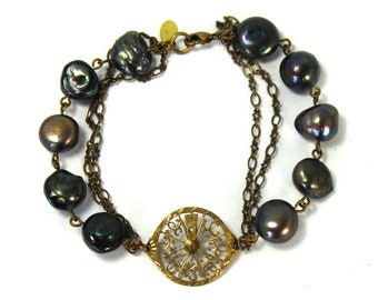 QUEENS JEWELS Steampunk Bracelet with Circa 1700s Pocket Watch Bit Black Baroque Pearls Antiqued Brass Exceptional One of a Kind Piece