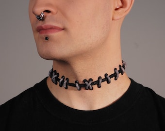 Frankenstein Monster Zombie - Silver and Black stitches Choker