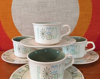 Taylor Smith Taylor Cathay Pattern Cups & Saucers, set of 4, Atomic Taylorstone Cathay, Geometric and Starburst Pattern, Mid Century Modern