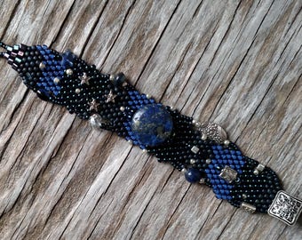 Jewelry - Free Form Peyote Stitch Beaded Bracelet - Bead Weaving - Universe Bracelet - Lapis - BOHO
