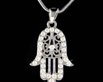 Swarovski Crystal Jewish Hamsa Hamesh Fatima Hand Charm Pendant Chain Necklace