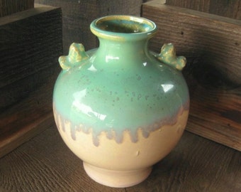 Vintage Japanese Pottery Vase, Lion Handles, Drip Glaze, Cottage Chic, Asian Decor, FREE SHIPPING