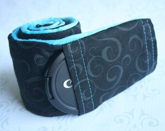 Camera Strap Cover with Lens Cap Pocket - Padded - Black Scroll with Teal