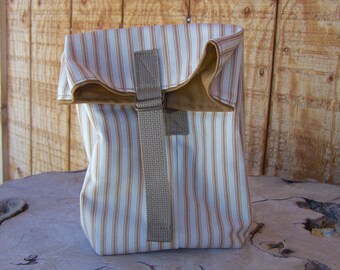 Canvas Lunch Bag, Tan & Ticking Stripe, Washable Lunch Bag