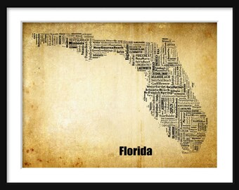 Florida State Map City Cities Typography Grunge Map Poster Print Tyographical Map