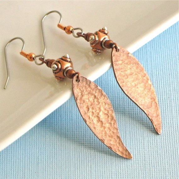 Hammered Copper Leaf Earrings Mixed Metal Silver