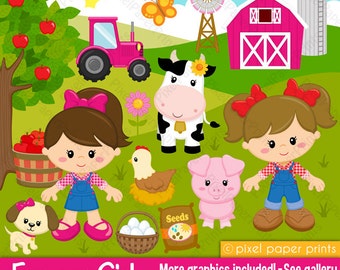 Farmer girls - Farm clipart - Clip Art and Digital paper set