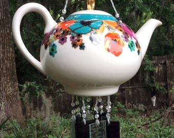 Bright Floral Teapot Upcycled into a Windchime, with Streaky Purple Stained Glass Chimes