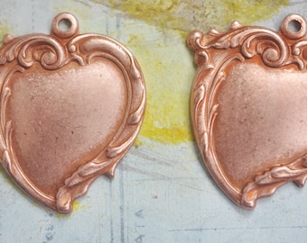Two Wavy Heart Brass Charms, Rose Gold Ox