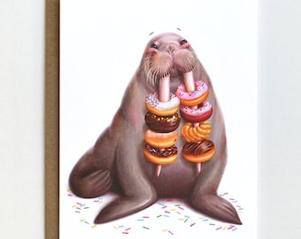 Walrus Donut Card, Birthday Card, Blank Card, Animal Art