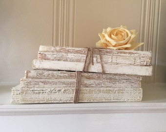uncovered book stack, painted books, rustic book decor, white books, Beige Books, nortic, rustic, small books, Shabby Chic Book Decor