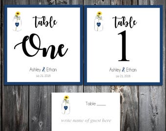 25 Mason Jar with Sunflower Wedding Table Numbers and 250 place settings for reception tables