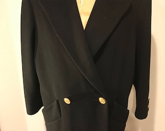 Sale Ladies Womans BILL BLASS SIGNATURE Designer Late 80s Early 90s Black Double Breasted Wool Coat Menswear iNSPIRED !