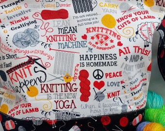 Large WIP Zipper Project Bag, Wedge Bag, Knit Happens, Knitting Quotes Bag, Knitting Bag, Zippered Project Bag, Knitting bag Zipper