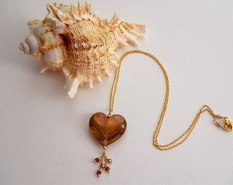 Lampwork Heart Pendant W/Garnet Rondelles and Freshwater Pearls
