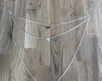 long necklace, triple chain, silver, brass.
