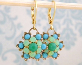 Seafoam Emerald Turquoise Rhinestone Flower Drop Earrings
