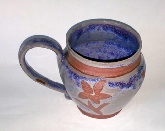 Purple Blue & Magenta Floral Mug - Wheel Thrown Pottery - Holds 20 ounces or 2 1/2 cups! Made with Red Clay