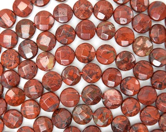 10mm faceted red jasper coin beads 15.5" strand 38573