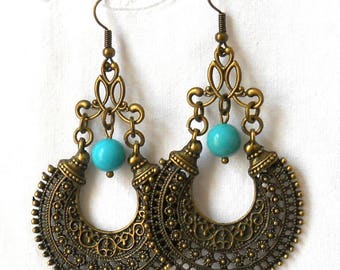 long gypsy earrings turquoise chandelier earrings bohemian earrings bronze boho earrings gemstone earrings turquoise jewelry