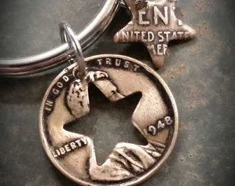 70th Birthday 1948 Penny Star Key Chain 70th Birthday Gift 70th Anniversary Coin Jewelry made from a 1948 Penny