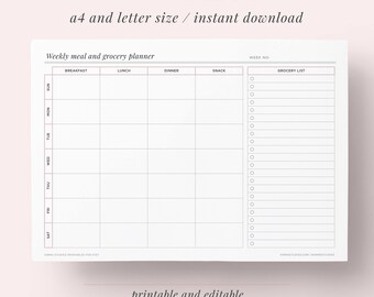 Weekly Meal Planner Printable | Shopping, Grocery, Food List | A4 and Letter | Planner Insert | Monday and Sunday | Instant Download