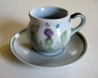 Buchan Thistleware Cup and Saucer – 1950s Made in Scotland - Stoneware Cup and Saucer With Scottish Thistle Flower and Leaf - Hand Painted