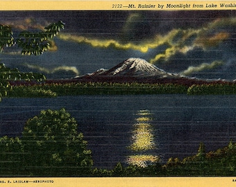 Mt Rainier by Moonlight from Lake Washington Vintage Postcard (unused)
