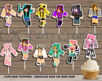Minecraft Girls Cupcake Toppers, Die Cuts, Birthday Party Cupcake Toppers
