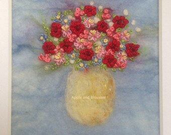 Embroidered Flowers in Vase-Flowers-Painting With Wool-Felt-Bouquet-Embroidery-Handmade-Anniversary-Wedding-Picture-Art- Embroidered Flowers