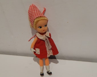 Vintage Blonde Dolly Darlings Playtime Doll With Red Dress and Red Gingham Head Scarf Hasbro 1960s