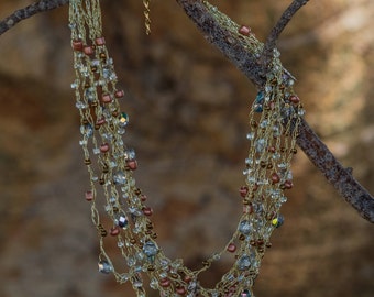 multi strands necklace, knitted necklace, wedding necklace, crochet necklace, silver leaf ,gold necklace, beaded necklace, best mother gift