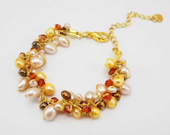 Brown freshwater pearl,crystal bracelet.