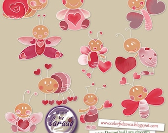 Love Bugs Clipart, Valentine Love Bugs Clip Art, Cute Bugs Digital Clip Art, Card Design, Scrapbooking, valentine's day valentines clipart