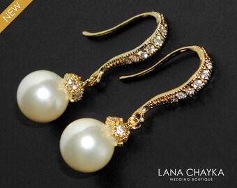 Bridal Pearl Earrings Pearl Drop Vermeil Gold Cz Earrings Swarovski 8mm Ivory Pearl Gold Wedding Earrings Small Ivory Pearl Bridal Earrings