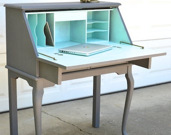 PORTFOLIO Secretary Desk - Slate and Aqua Painted Curved Leg Table
