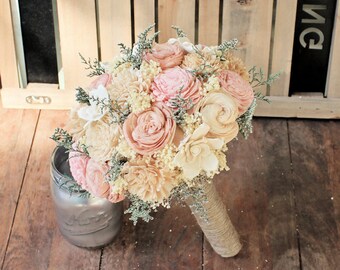 Handmade Alternative Wedding Bouquet - Ivory Blush Nude Bridal Bridesmaid Bouquet, Sola Flower, Natural Bouquet, Keepsake Bouquet