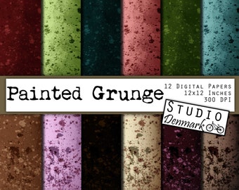 Paint Splatters Digital Paper - "Painted Grunge" - 12 Papers - 12in x 12in - jpg 300dpi - Instant Download