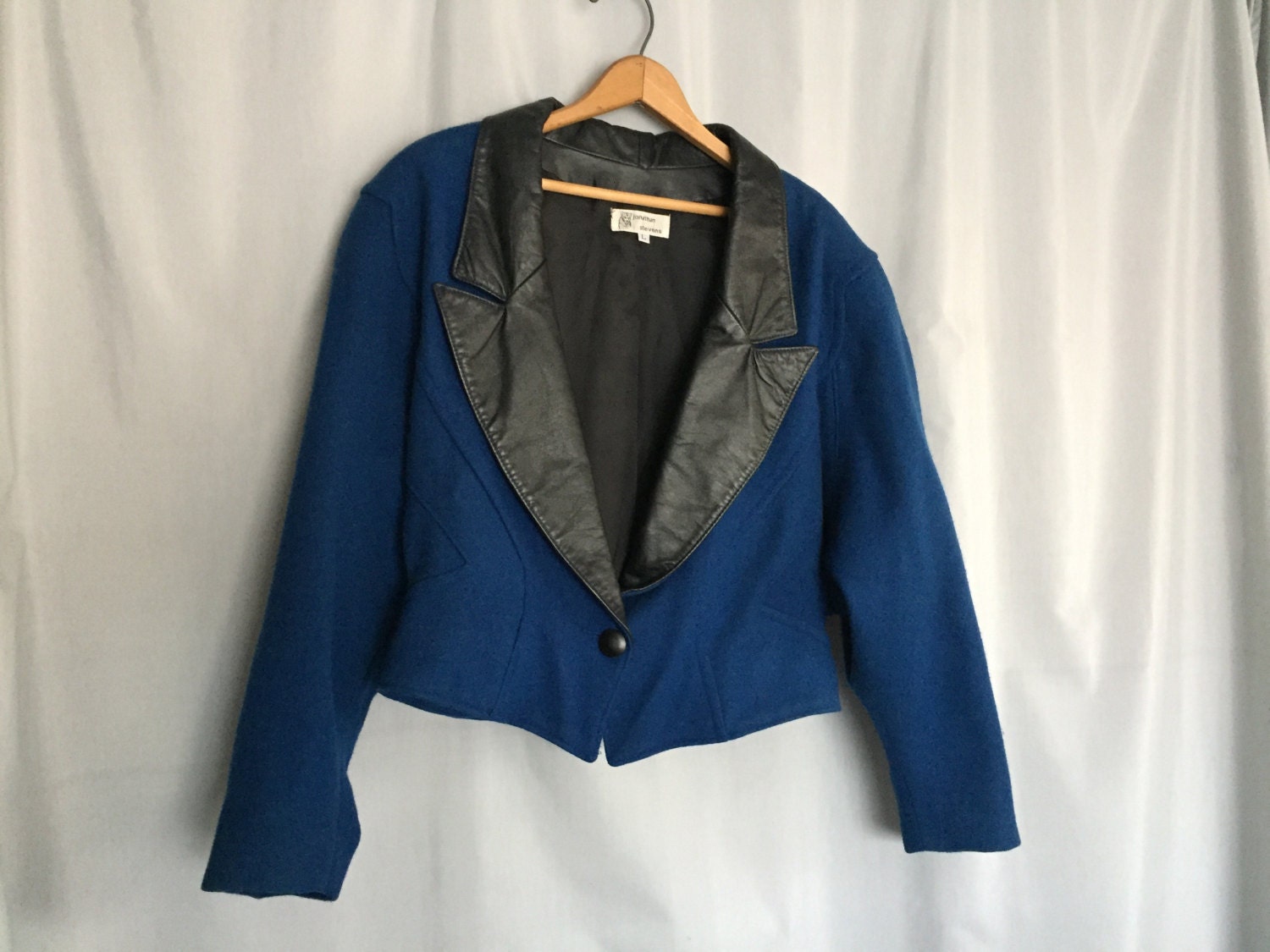 Blue Jacket Black Leather Lapels Wool Bolero Cropped Blazer Zoom