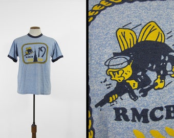 Vintage US Navy Seabees T-shirt Heather Blue Ringer RMCB 19 Mobil Construction Unit - Medium