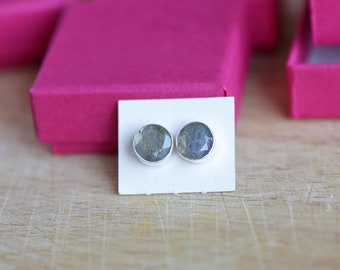 925 Sterling silver stud earrings with 8 mm faceted Labradorite gemstones