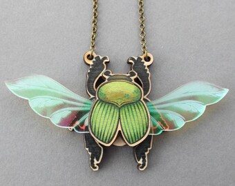 Iridescent Scarab Beetle Insect Laser Cut Statement Necklace, Entomology Bug Beetle Scarab Insect Wood Acrylic Jewellery, Birch Please