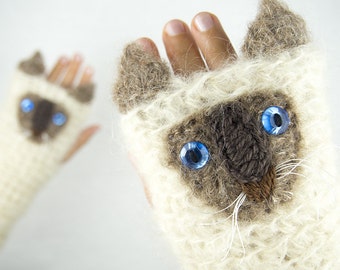 Cat Fingerless Gloves (Siamese) ~ Handmade