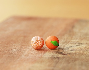 Tangerine Earrings, orange ear studs, orange earrings, Miniature Clementine earrings, fruit jewelry, fruit earrings, food jewelry