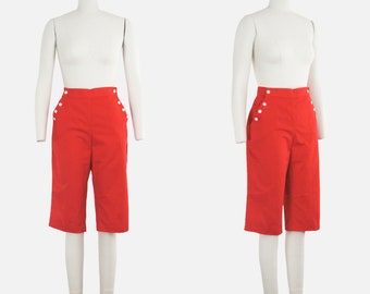 Vintage 1960s Cherry Red Capris - Pedal Pushers - Cropped Pants - Clam Diggers - High Waist - Sailor Button - Medium - 28 30 in. Waist