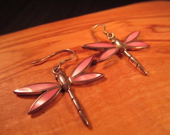 Retro Sterling Silver Mother of Pearl Dragonfly Earrings